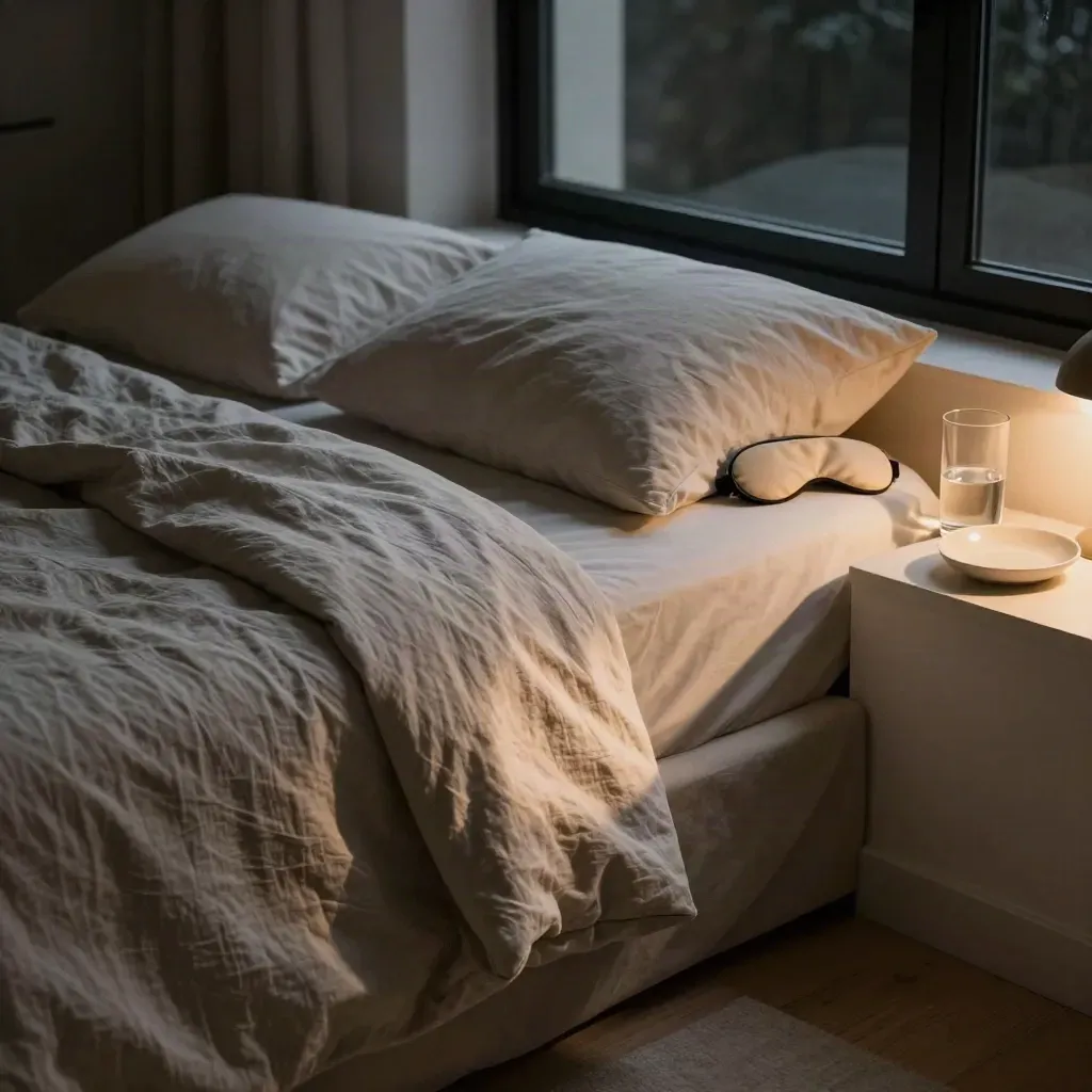 Letto disfatto con lenzuola di lino, mascherina, caraffa e piattino su mensola in gesso