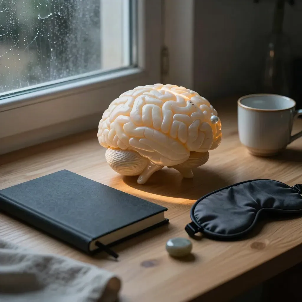 Scultura cerebrale, taccuino, mascherina e tazza su legno chiaro, luce dell’alba.