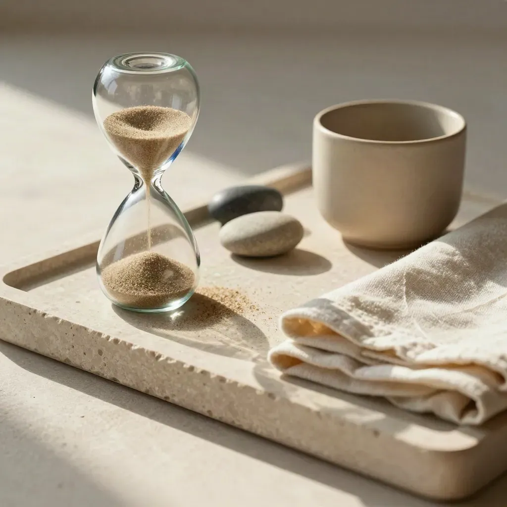 Clessidra con sabbia in movimento, due pietre lisce, tazza opaca e panno piegato su pietra chiara.