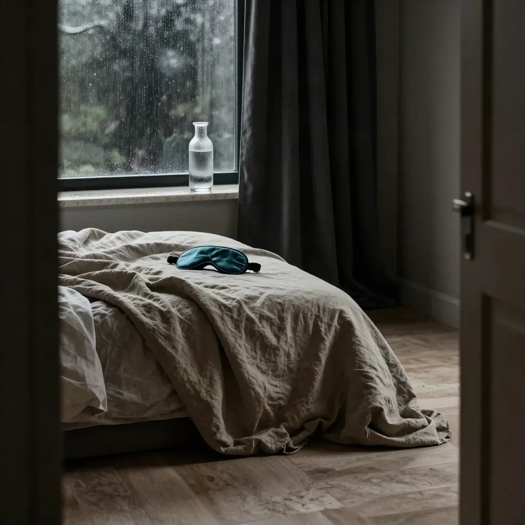 Letto disfatto con maschera turchese, caraffa e tende scure vicino a una finestra dopo la pioggia.