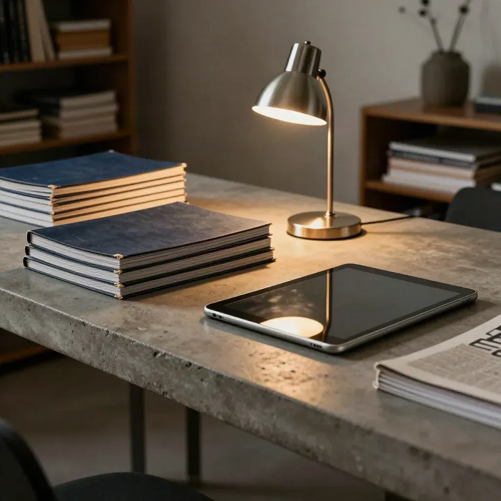 Riviste di ricerca, schede fonte, tablet scuro e lampada su tavolo di cemento nella luce serale.