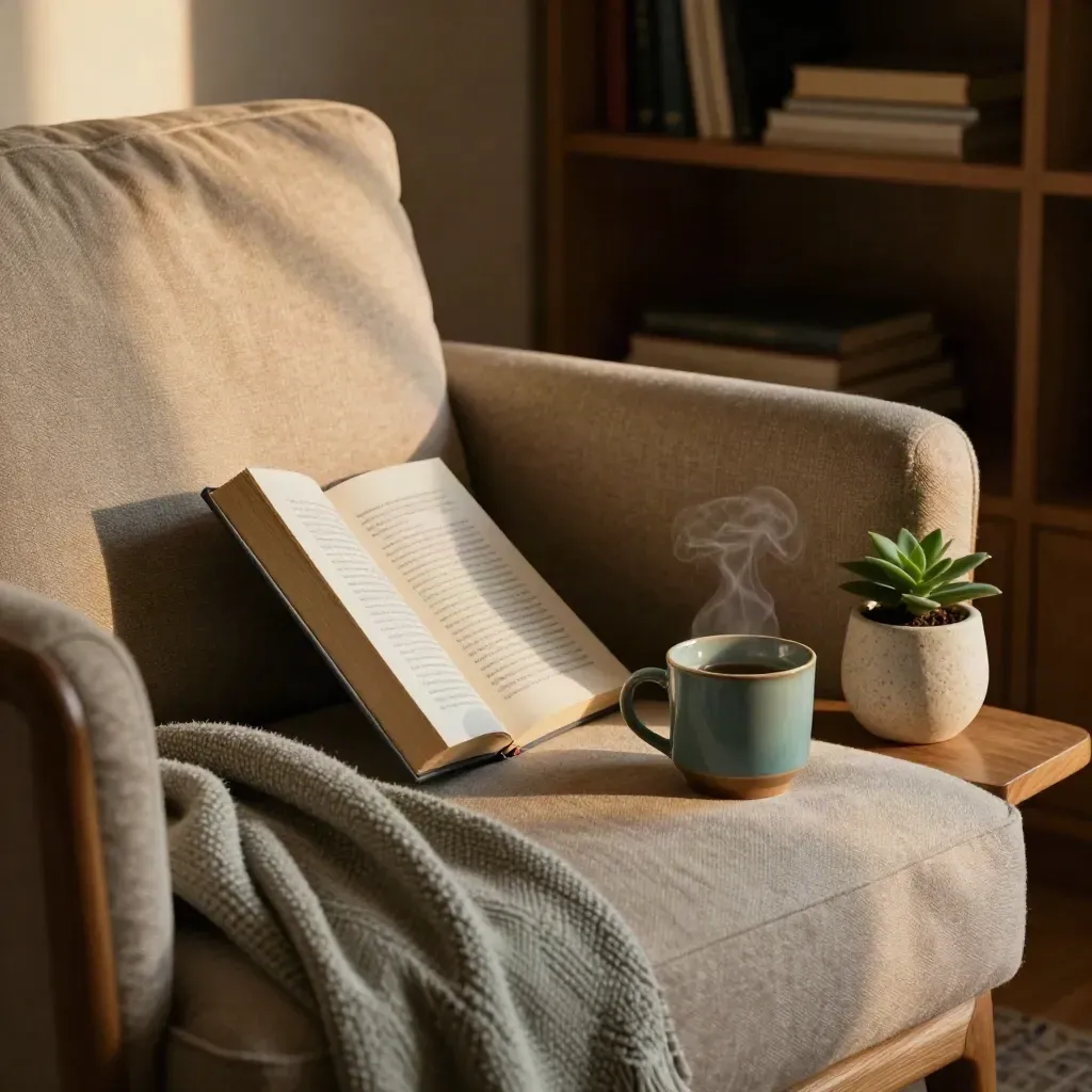 Angolo lettura serale con libro chiuso, coperta di lana, tazza in ceramica e pianta.