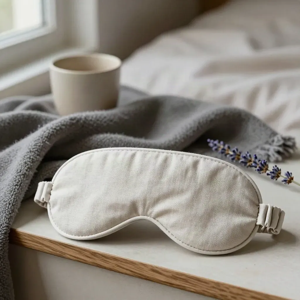 Maschera da sonno in lino, coperta di lana, tazza ceramica e lavanda su mensola da letto.